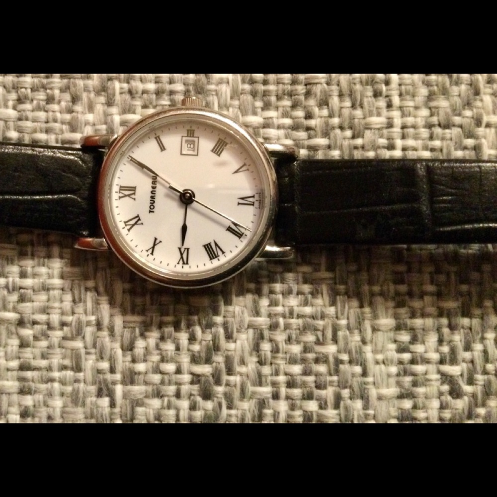 Tourneau black leather band women watch